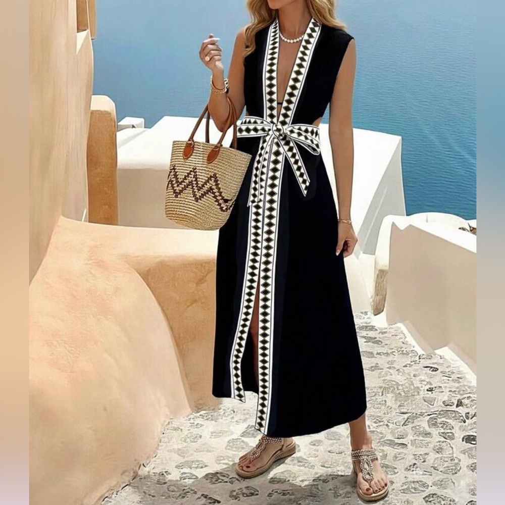 Black Maxi Dress with Ivory Geometric Trim and Front Slit - Picture 3 of 11